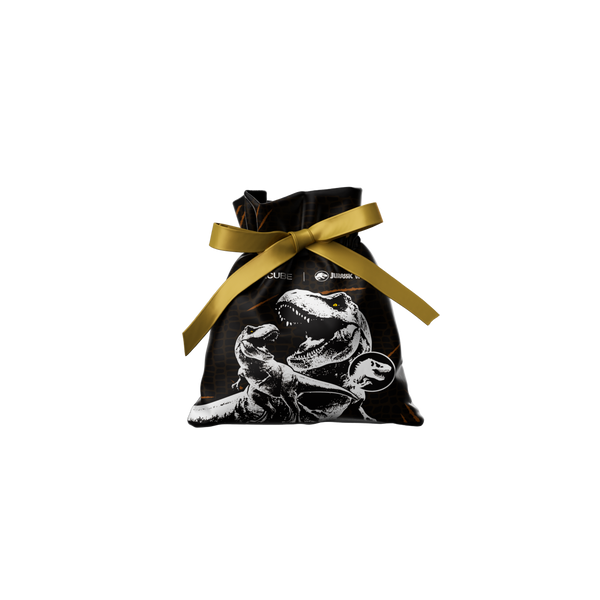 Jurassic World themed cube bag with gold ribbon