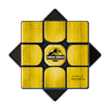 Yellow dinosaur-scale pattern face and Jurassic World logo close-up