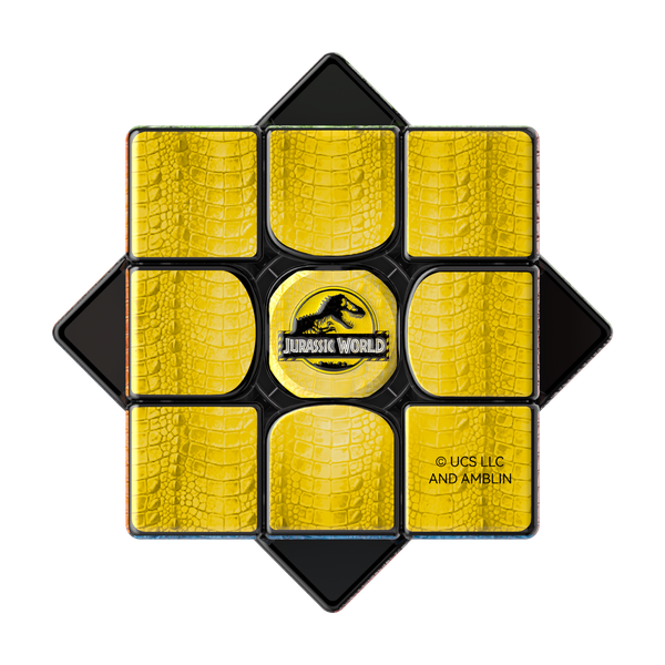Yellow dinosaur-scale pattern face and Jurassic World logo close-up