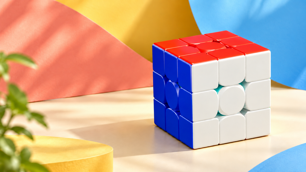 Speed cube against a colourful coral, yellow and blue background