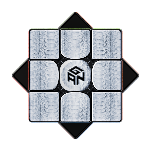 White dinosaur-bone-inspired face and GAN logo close-up