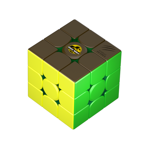 Jurassic World logo on solved brown face with yellow and green sides